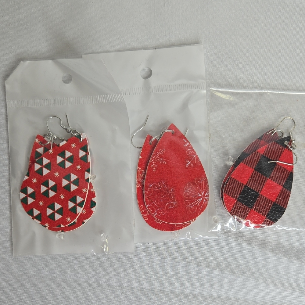 Faux Leather‎ Holiday Cut Out Teardrop Earrings, 3 Pairs, New